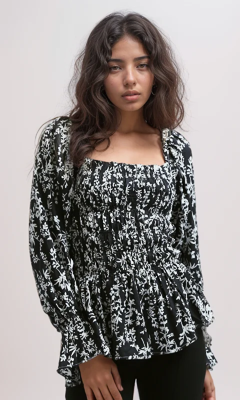 O190363 Long Sleeve Off-Shoulder Blouses Shirts - Multicolor Balloon Sleeve Blouse