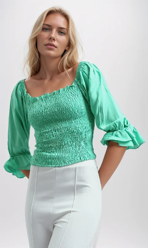 O192515 Long Sleeve Tunic Solid Color Blouse - Light Green Elegant Silk Blouse