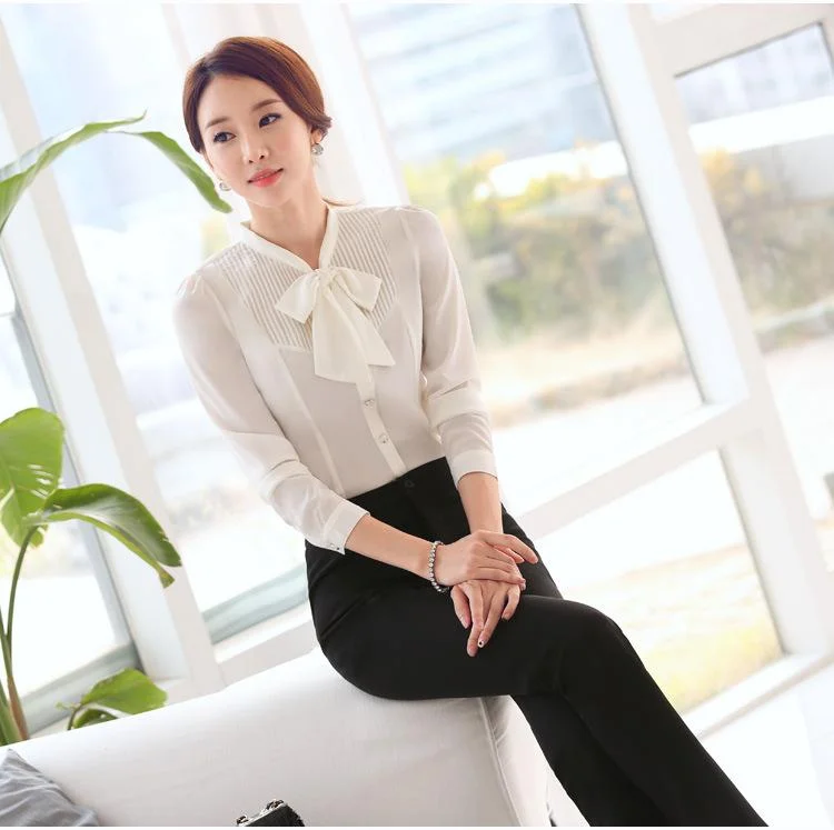 Office Ladies Autumn Women's White Long-Sleeve Slim Bow Tie Shirt Blouse Satin Long Blouse