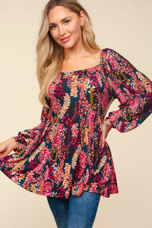 Peplum Floral Square Neck Blouse Peter Pan Blouse