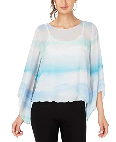 Petite Printed Angel-Sleeve Bubble-Bottom Blouse Double Button Blouse