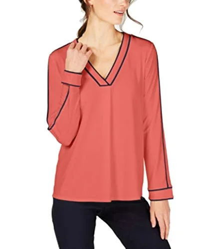 Piping-Trim Blouse Soft Knit Blouse