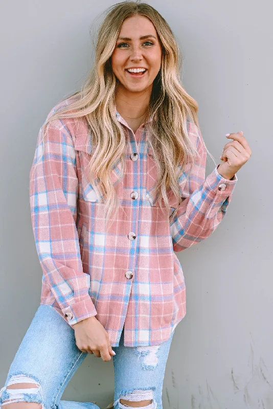 Plaid Flap Pocket Flannel Shacket Delicate Bow Blouse