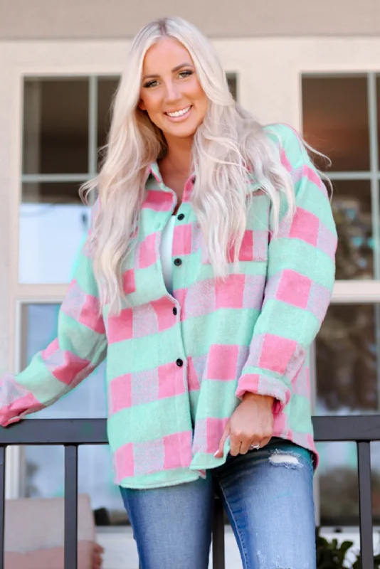 Plaid Pattern Oversized Shacket Feminine Puff Blouse