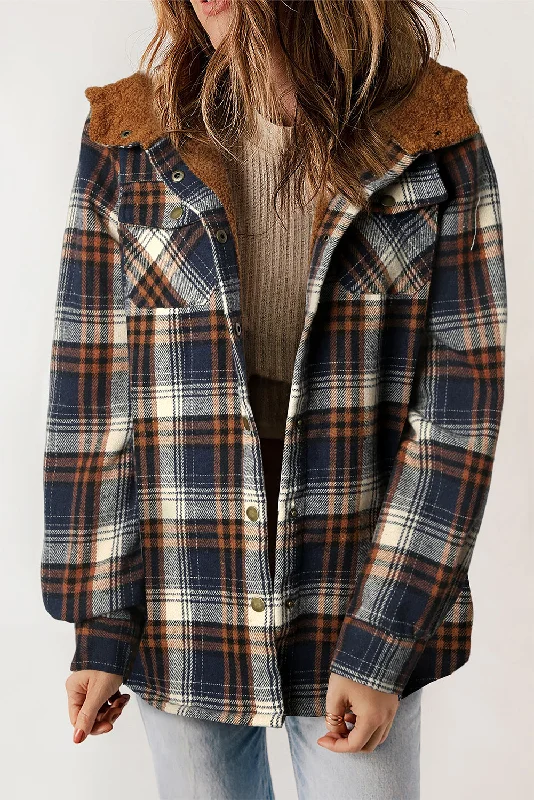 Plaid Pattern Sherpa Lined Shacket Embroidered Cotton Blouse