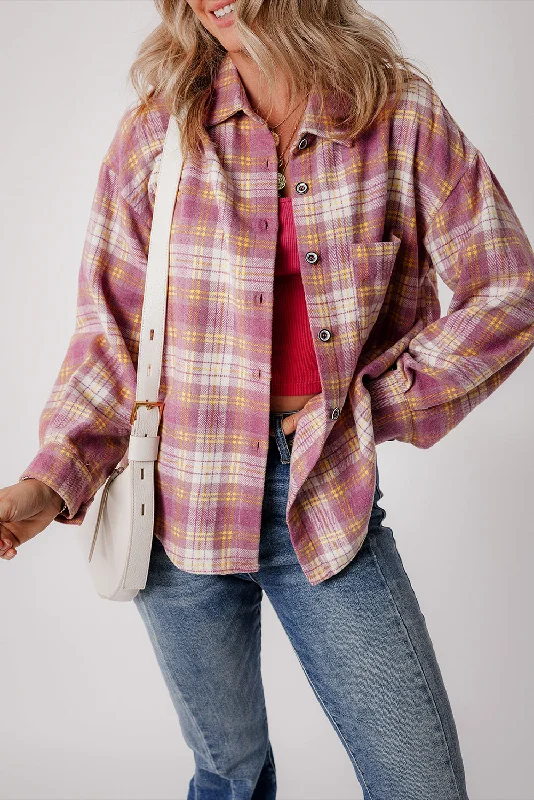 Plaid Chest Pocket Shacket Classic Striped Blouse