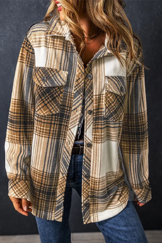 Plaid Print Flap Pocket Shacket Cotton Casual Blouse