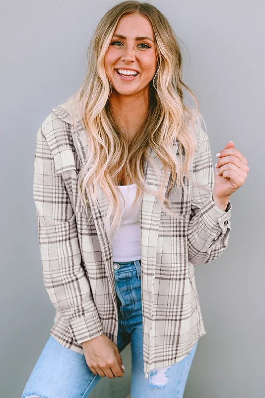Plaid Hood Buttoned Shacket Silky Tunic Blouse