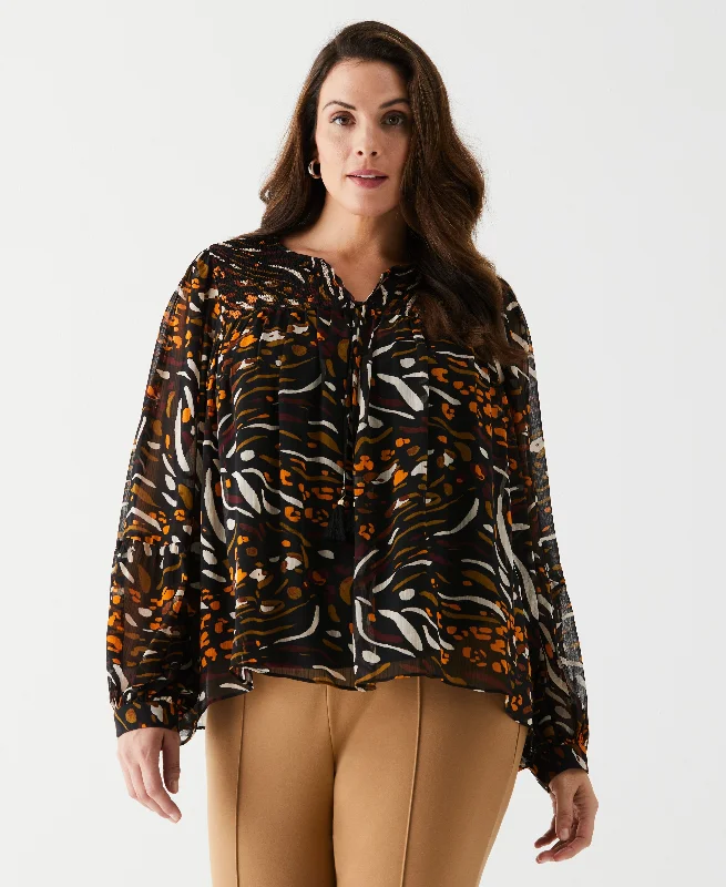 Plus Size Animal Print Smocked Split Neck Blouse Elegant Embroidery Blouse