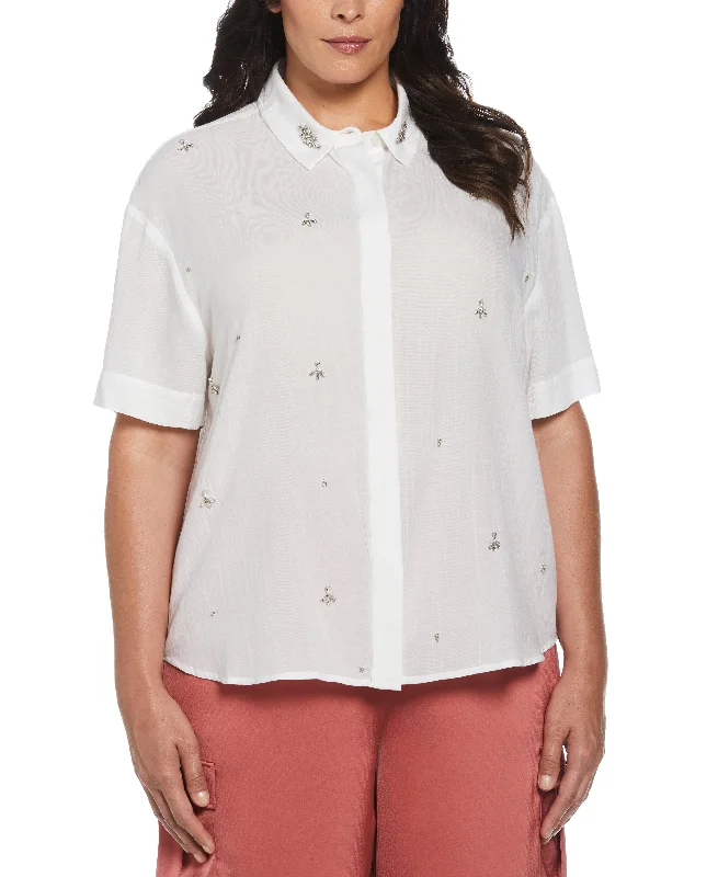 Plus Size Rhinestone Embellished Relaxed Blouse Embellished Collar Blouse