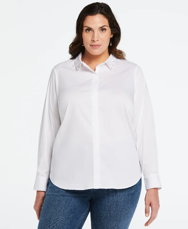 Plus Size Embellished Collar Blouse Ruched Sleeve Blouse
