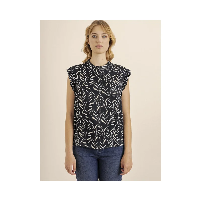 Polo Womens Rebecca Printed Ruffle Sl Blouse Sheer Sleeve Blouse