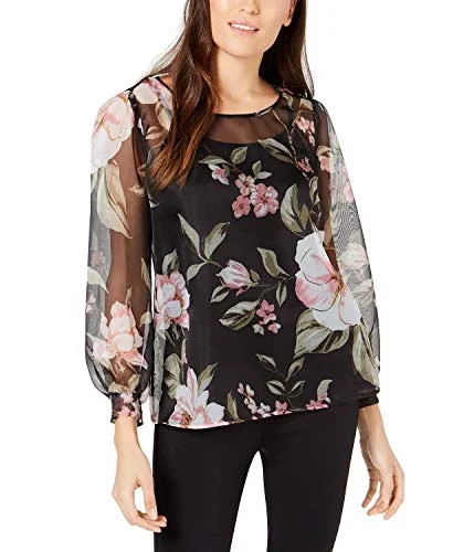 Printed Balloon-Sleeve Blouse Sheer Mesh Blouse