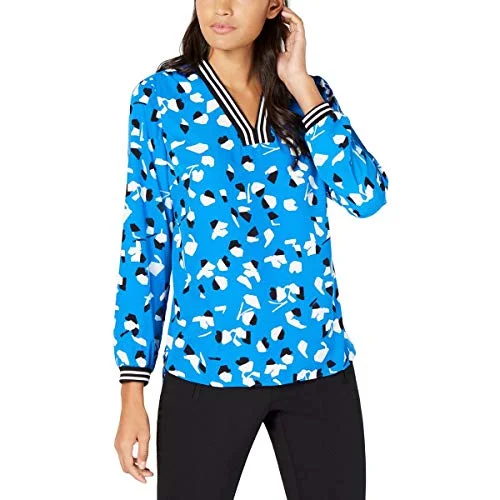 Printed Ribbed-Trim Blouse Elegant Embroidery Blouse