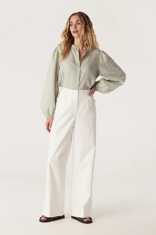 Pure Linen Puff Sleeve Blouse - Sage Office-Ready Blouse