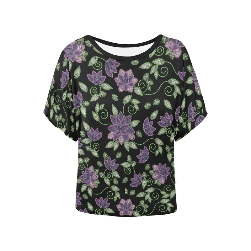 Purple Beaded Rose Women's Batwing-Sleeved Blouse T shirt Feminine Tie Blouse