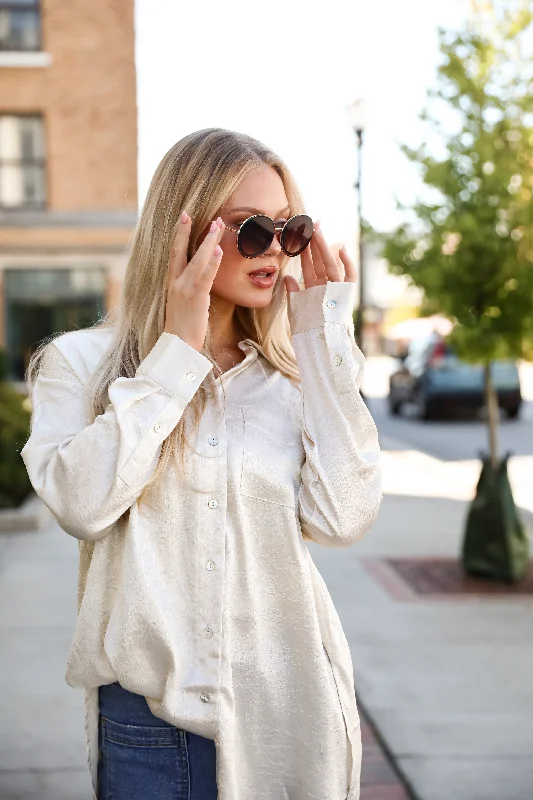 Radiant Mood Beige Metallic Button-Up Blouse Textured Cotton Blouse