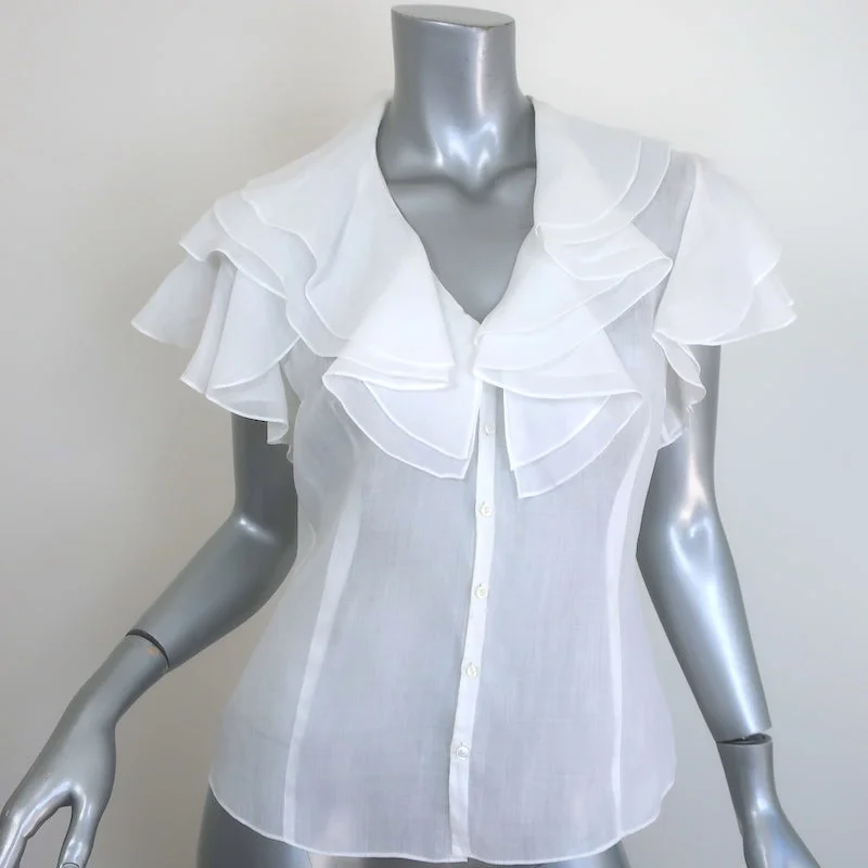 Ralph Lauren Blue Label Ruffle Top White Ramie Size 8 Short Sleeve Blouse Casual Relaxed Blouse