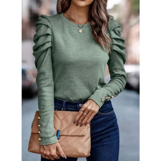 Round Neck Puff Sleeve Blouse Relaxed Fit Blouse