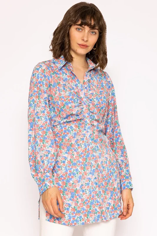 Ruched Longline Blouse in Blue Print Textured Cotton Blouse
