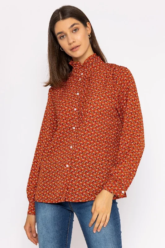 Ruffle Blouse in Rust Print Mandarin Collar Blouse