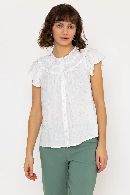Ruffle Blouse in White Print Office Formal Blouse