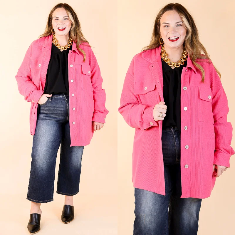 Say Less Button Up Knit Shacket in Fuchsia Pink Boho Printed Blouse