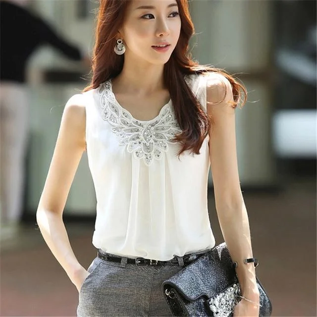 Sexy Plus Size White Crotchet Women’s Sleeveless Blouse for Summer Frilled Cuff Blouse