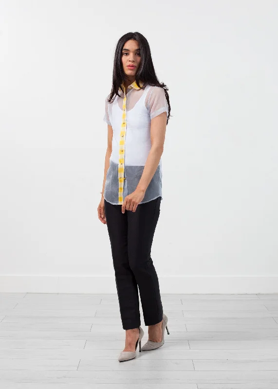 Sheer Button-Up Blouse in Pale Blue Bell Sleeve Blouse
