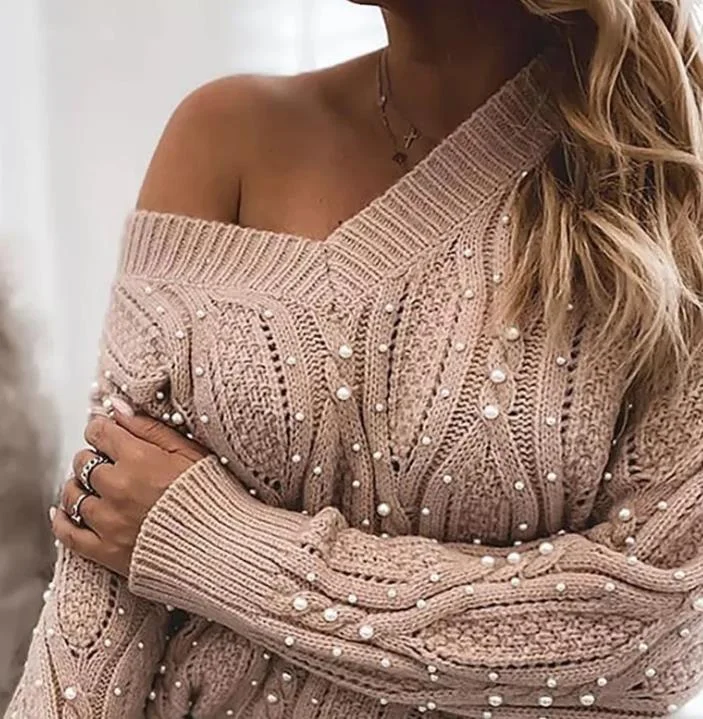 Single shoulder blouse long-sleeved V-neck sexy pearl pullover for women Playful Puff Blouse Single shoulder blouse long-sleeved V-neck sexy pearl pullover for women Playful Puff Blouse