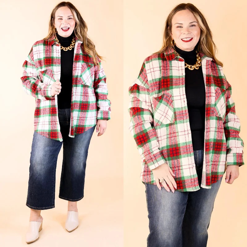 Sleigh All Day Button Up Plaid Shacket in Red and Green Feminine Pastel Blouse