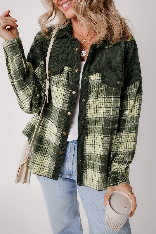 Snap Buttons Plaid Shacket Textured Cotton Blouse