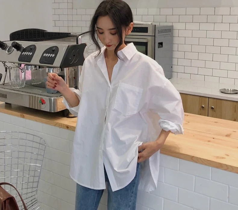 Spring Autumn Women Shirts White Plain Loose Oversized Blouses Female Tops Loose Pockets Double-Layered Blouse