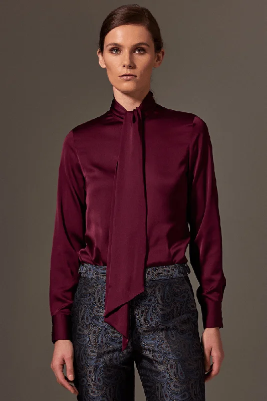 Stella Pussy Bow Blouse - Burgundy Silk Stretch Airy Cotton Blouse