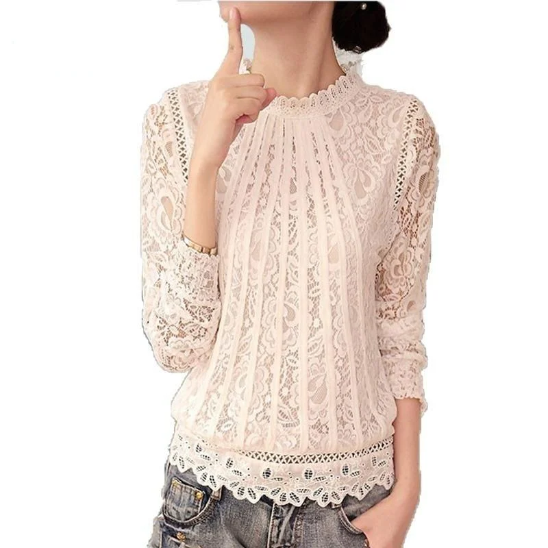 Summer Ladies White Long Sleeve Chiffon Lace Crochet Top Blouses Semi-Sheer Blouse