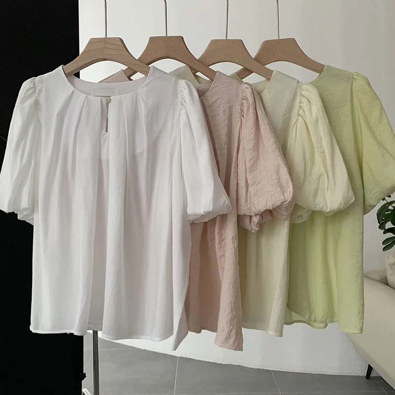 Summer Sweet Women Loose Round Neck Solid Color Puff Sleeve Blouse Delicate Pleat Blouse