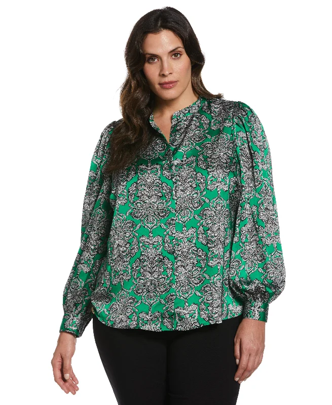 Plus Size Tapestry Print Blouse Chic Ruffle Blouse