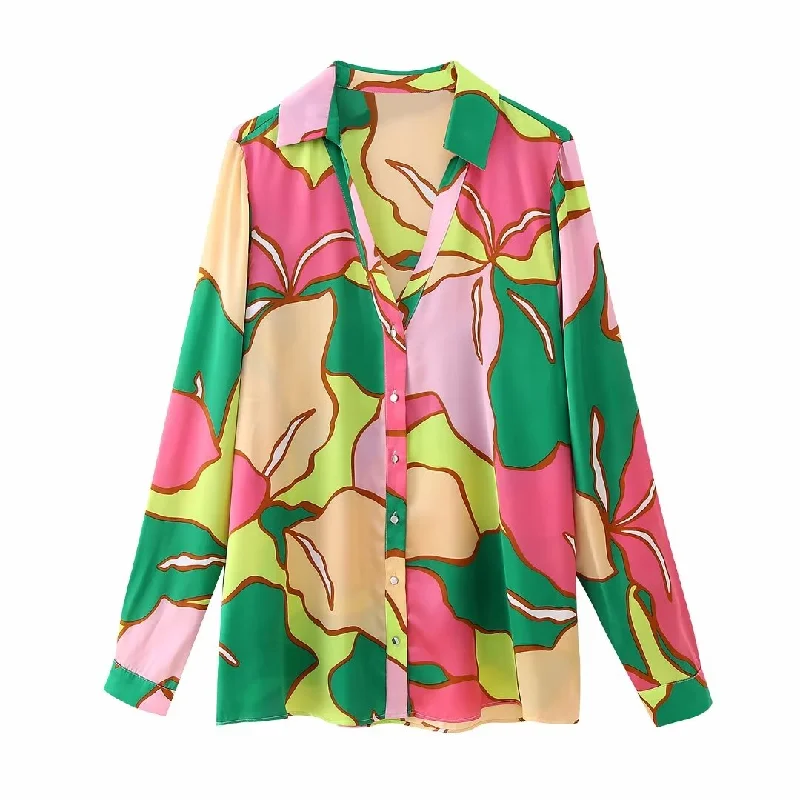 THONEY Women's Elegant Fine Fashion Premium Quality Floral Print Satin Blouse Shirt Embellished Collar Blouse
