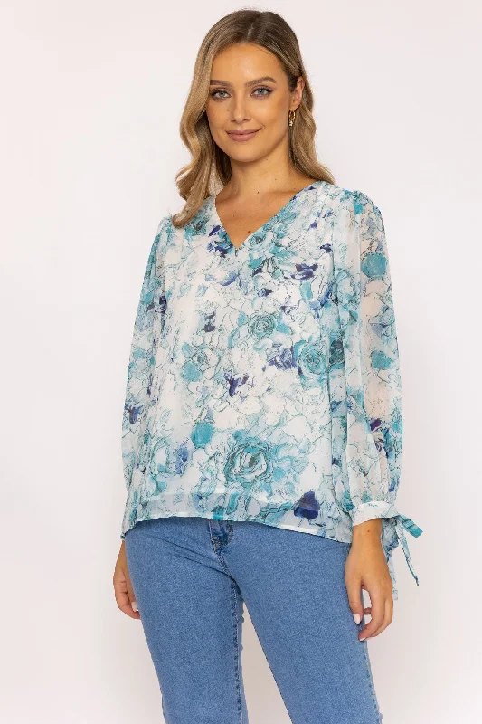 Tie Sleeve Blouse in Blue Print Feminine Tie Blouse