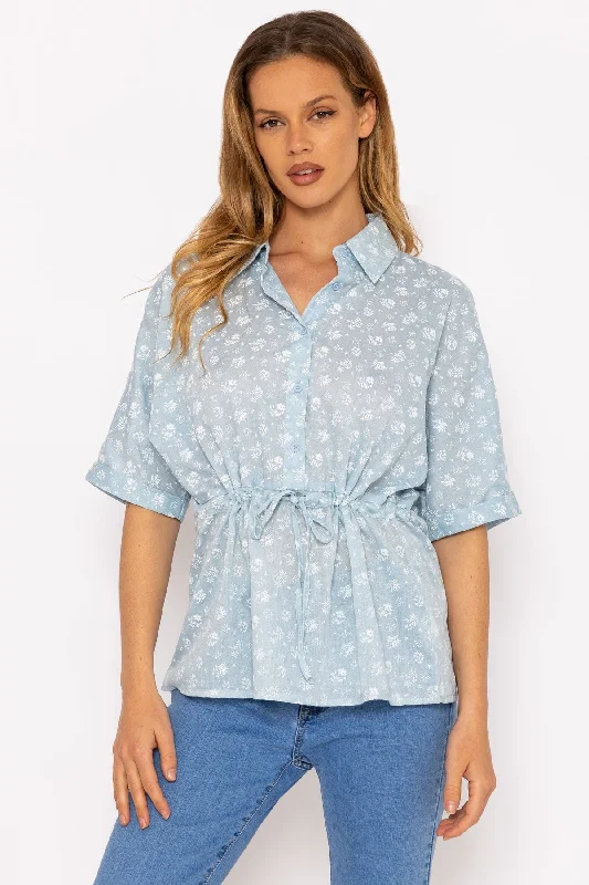 Tie Waist Blouse in Blue Flowy Bohemian Blouse