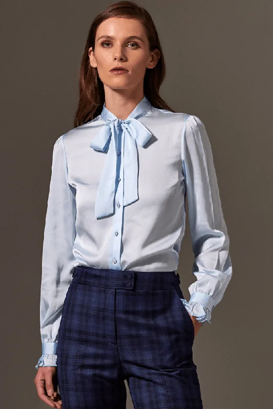 Valeria Pussy Bow Blouse - Lt Blue Silk Stretch Delicate Pleat Blouse
