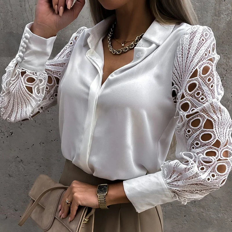 Lace Hollow Out Women Blouse Feminine Tie Blouse