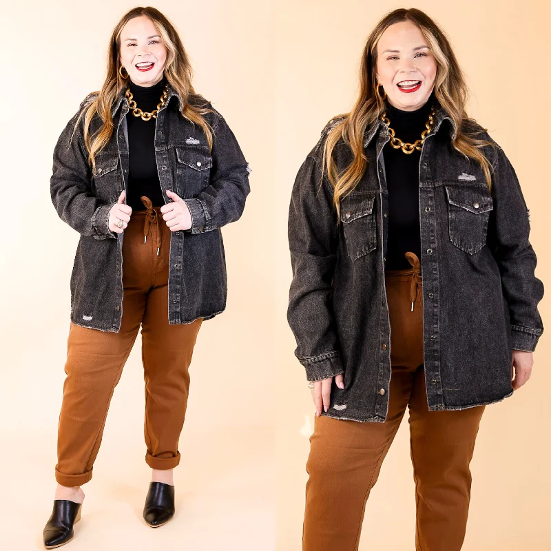 Wish and Wander Distressed Denim Button Up Shacket in Black Cotton Casual Blouse
