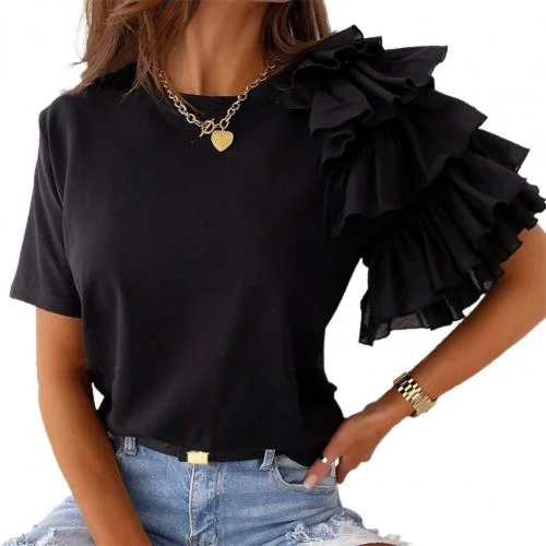Women Elegant Solid Color Ruffled Short Sleeves Round Neck Loose Summer Blouse Feminine Tie Blouse