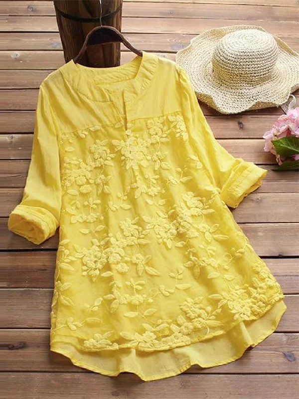 hoombox Women Elegant V Neck Long Sleeve Loose Cotton Linen Tops Party Shirt Casual Vintage Embroidery Blouse Sheer Sleeve Blouse