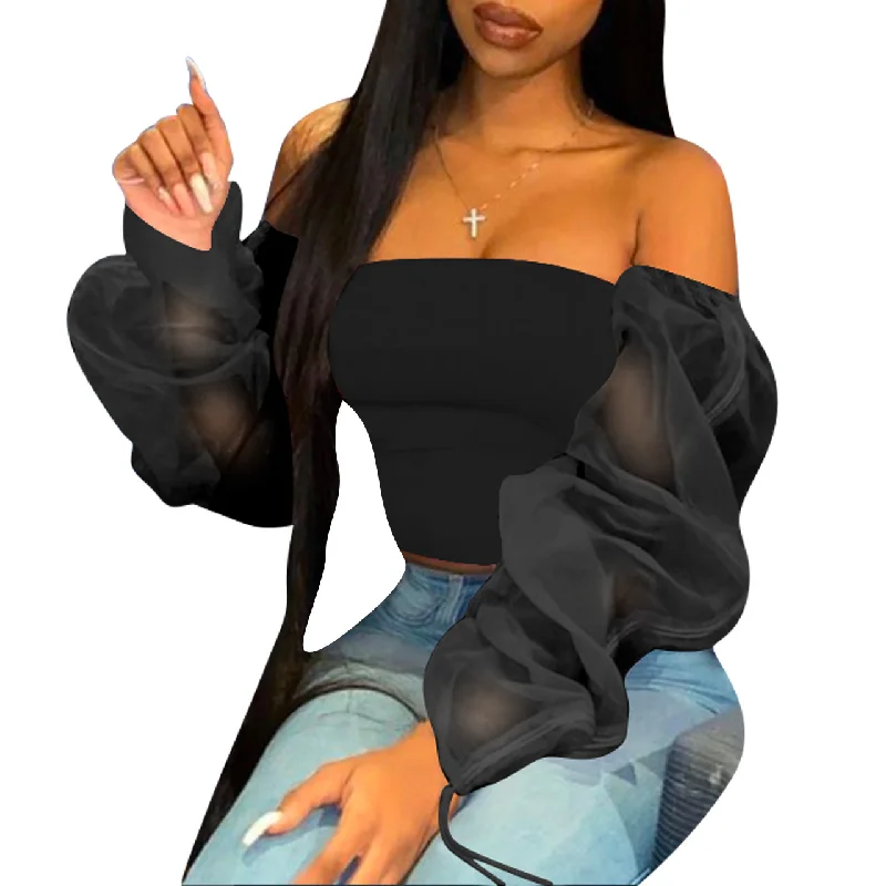 Women Fashion Sexy Long-Sleeved Solid Color See-Through Mesh Off-Shoulder Blouse Everyday Stylish Blouse Women Fashion Sexy Long-Sleeved Solid Color See-Through Mesh Off-Shoulder Blouse Everyday Stylish Blouse