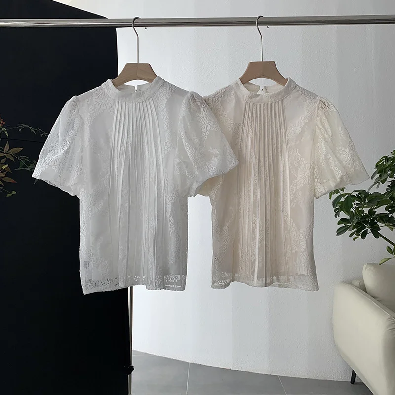 Women Fashion Sweet Puff Sleevelace Elegant Short-Sleeved Blouse Flowy Bohemian Blouse