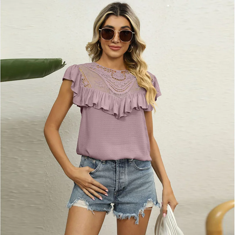 Women Lace Embroidered Collar Ruffles Sweet Loose Short Sleeve Shirt Blouse Floral Chiffon Blouse Women Lace Embroidered Collar Ruffles Sweet Loose Short Sleeve Shirt Blouse Floral Chiffon Blouse