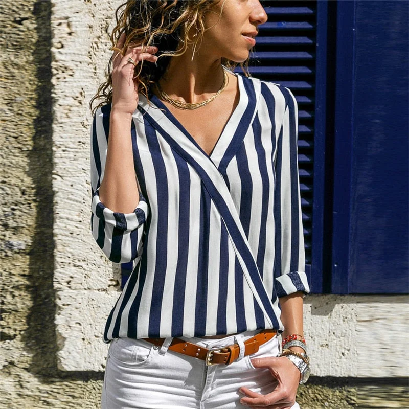 Women Striped Blouse Long Sleeve Blouse V-neck Casual Tops Polished Work Blouse