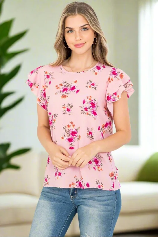 Womens Pink Floral Top, Flutter Cap Sleeve Shirt, Flowered Blouse, Sizes S/M/L/XL, Pink Vintage Lace Blouse Womens Pink Floral Top, Flutter Cap Sleeve Shirt, Flowered Blouse, Sizes S/M/L/XL, Pink Vintage Lace Blouse